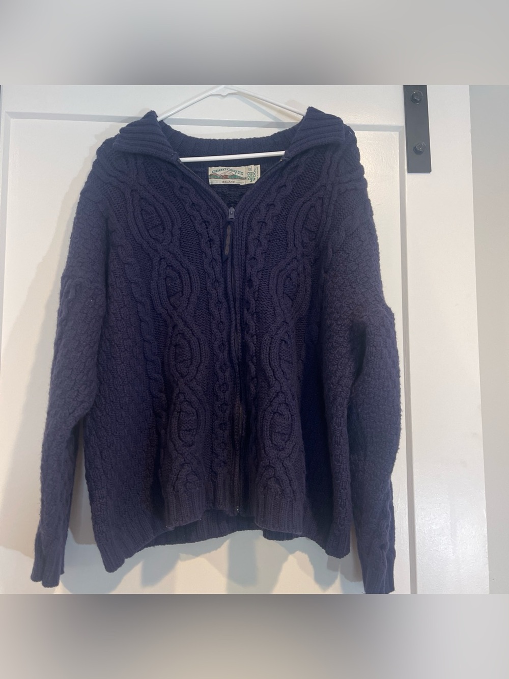 Aran Crafts Ireland Mens XL Merino Wool Cable Knit Navy Zip Fisherman Cardigan